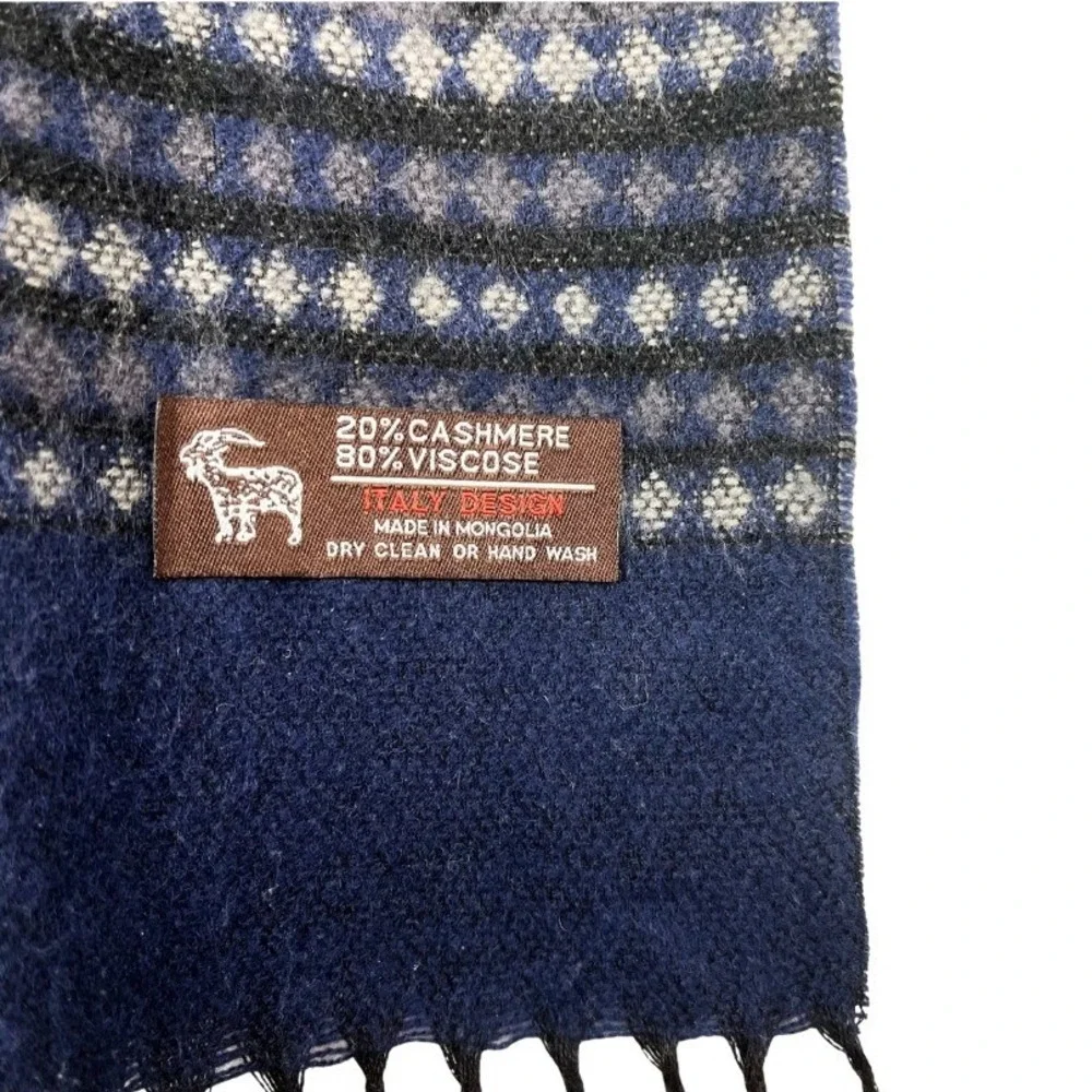 Italian Design‎ Cashmere Blend Scarf Gray Blue Geometric Fringe Winter Wrap